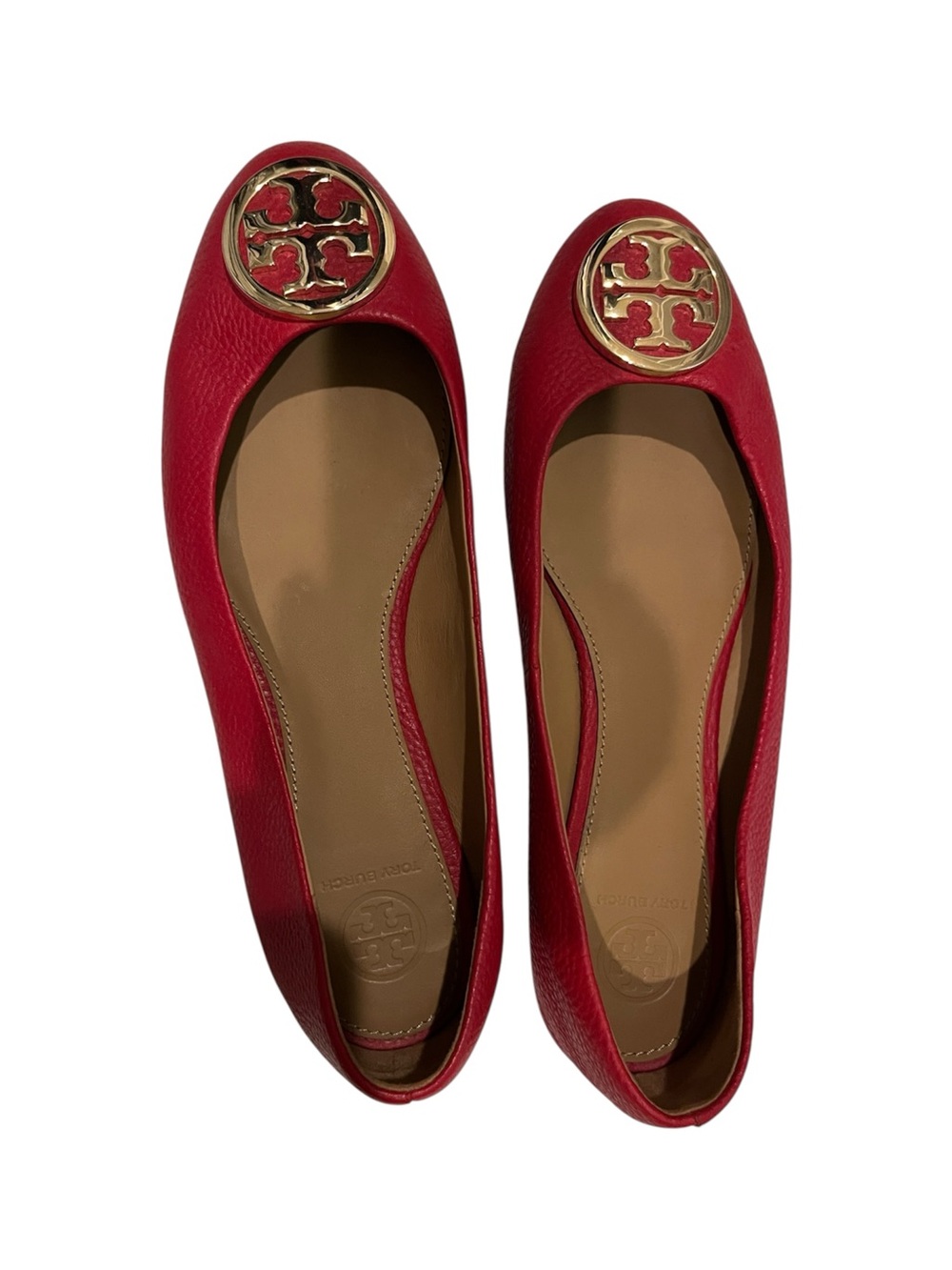 Tory Burch Chelsea Benton Ballet Flats Red Leather Gold Logo Size 7.5